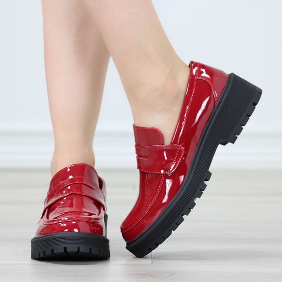 Womens Chunky Penny Loafer Lug Sole Slip On Platform Red Patent - Picture 5 of 16